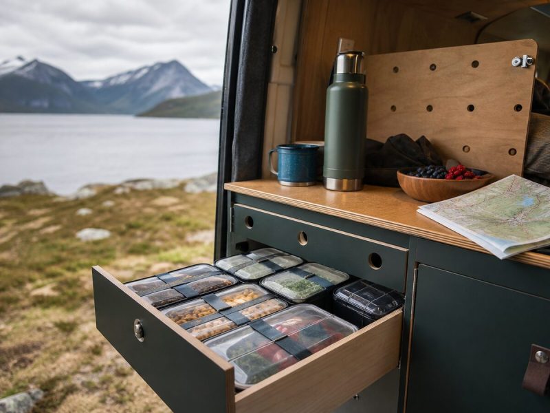 Gesicherte Mahlzeitenbehälter in einer Camper-Schublade vor nordischer Landschaft
