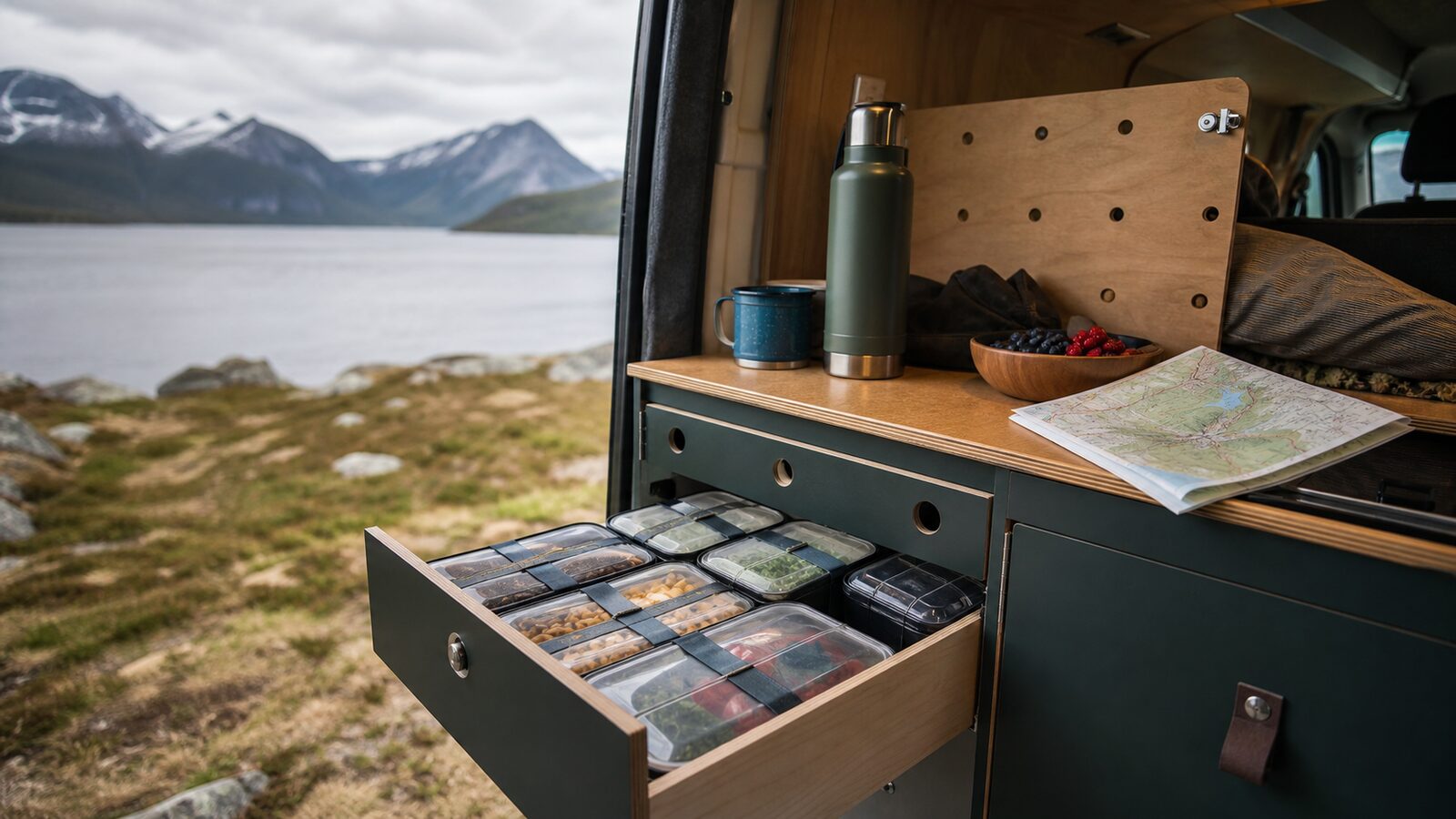 Gesicherte Mahlzeitenbehälter in einer Camper-Schublade vor nordischer Landschaft